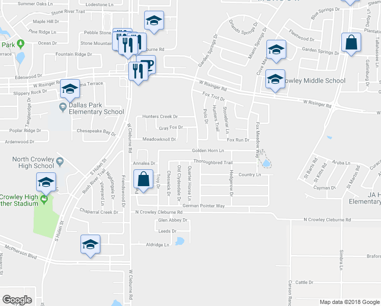 map of restaurants, bars, coffee shops, grocery stores, and more near 4049 Golden Horn Lane in Fort Worth