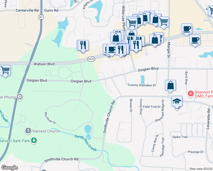 map of restaurants, bars, coffee shops, grocery stores, and more near 200 Katelyn Circle in Warner Robins