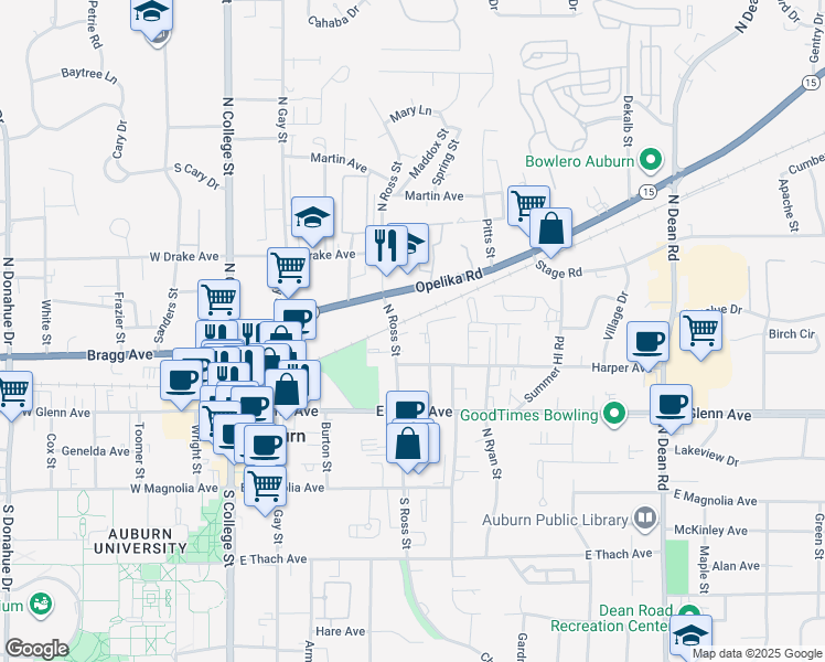 map of restaurants, bars, coffee shops, grocery stores, and more near 428 Harper Avenue in Auburn