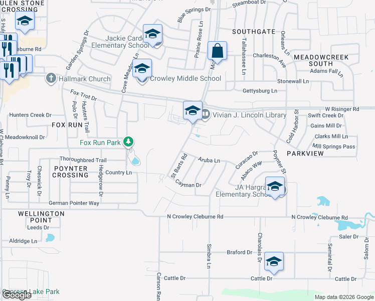 map of restaurants, bars, coffee shops, grocery stores, and more near 3520 Aruba Lane in Fort Worth