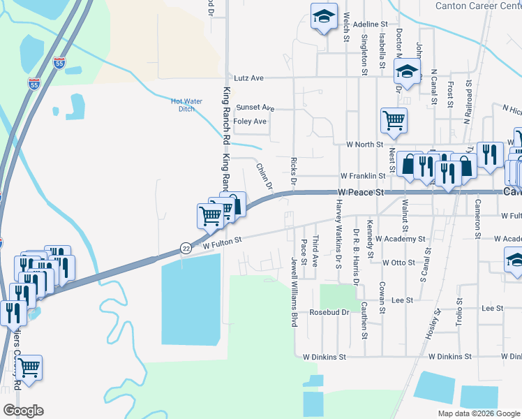 map of restaurants, bars, coffee shops, grocery stores, and more near 1668 West Peace Street in Canton