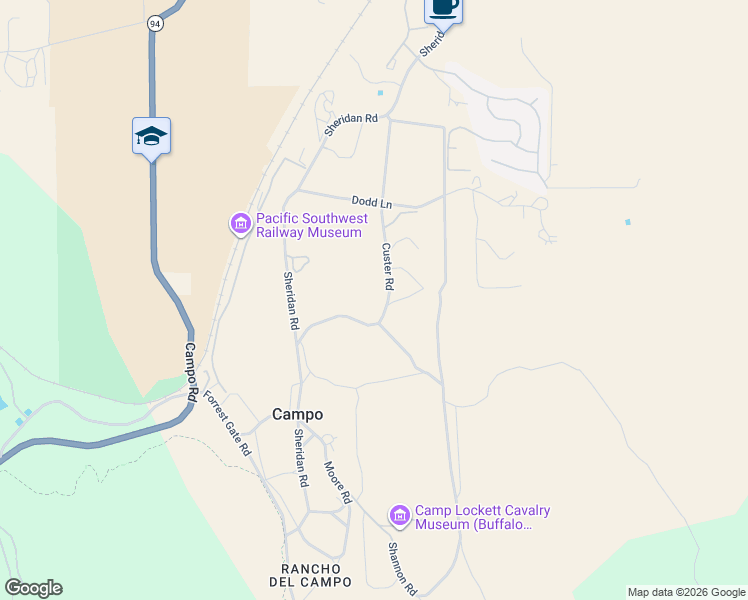 map of restaurants, bars, coffee shops, grocery stores, and more near 1124 Custer Road in Campo