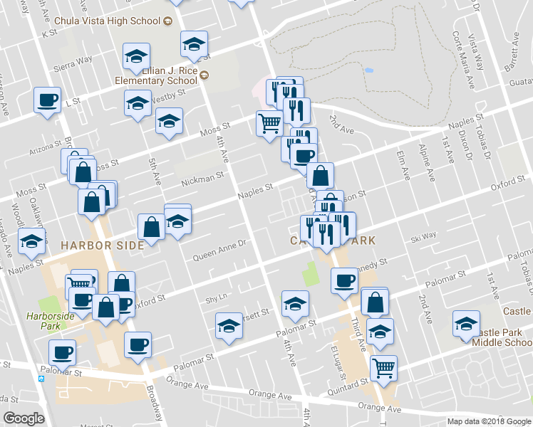 map of restaurants, bars, coffee shops, grocery stores, and more near 1121 4th Avenue in Chula Vista