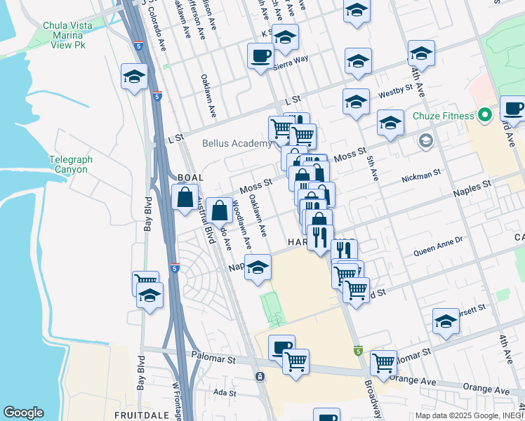 map of restaurants, bars, coffee shops, grocery stores, and more near 1042 Oaklawn Avenue in Chula Vista