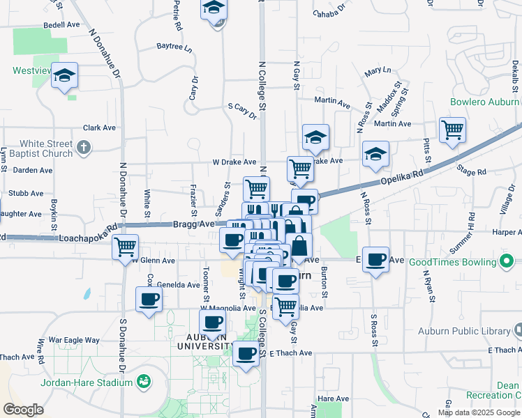 map of restaurants, bars, coffee shops, grocery stores, and more near 341 North College Street in Auburn