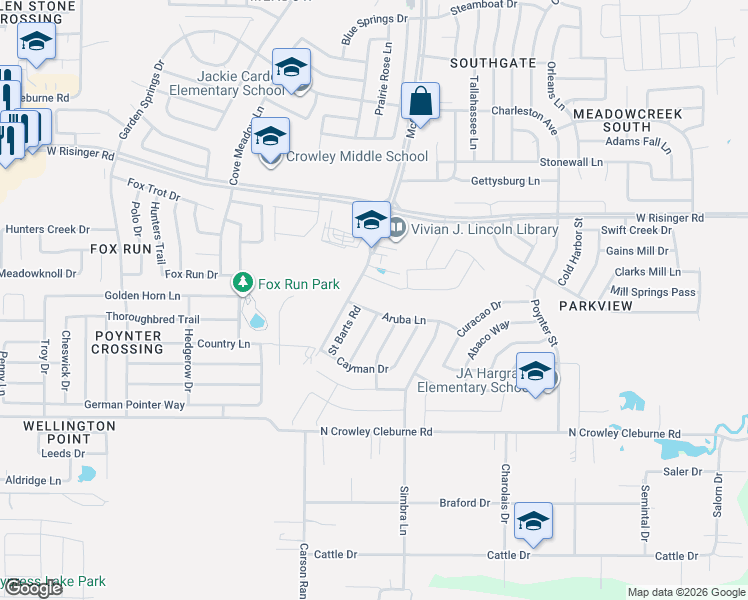 map of restaurants, bars, coffee shops, grocery stores, and more near 3520 Aruba Lane in Fort Worth