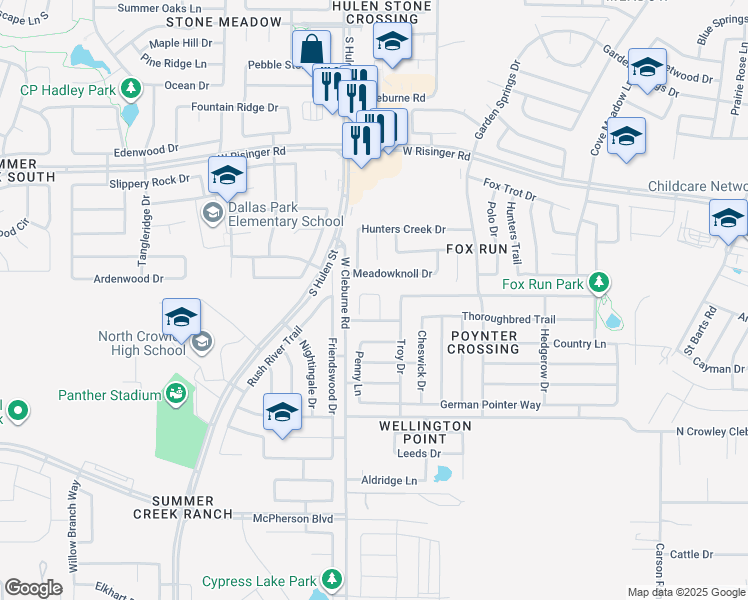 map of restaurants, bars, coffee shops, grocery stores, and more near 8952 Preakness Circle in Fort Worth