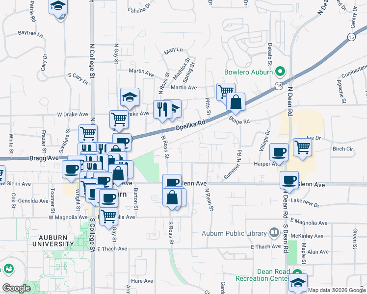 map of restaurants, bars, coffee shops, grocery stores, and more near 428 Harper Avenue in Auburn