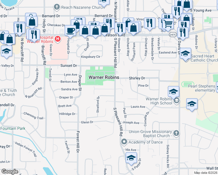 map of restaurants, bars, coffee shops, grocery stores, and more near 101 Pleasant Hill Court in Warner Robins