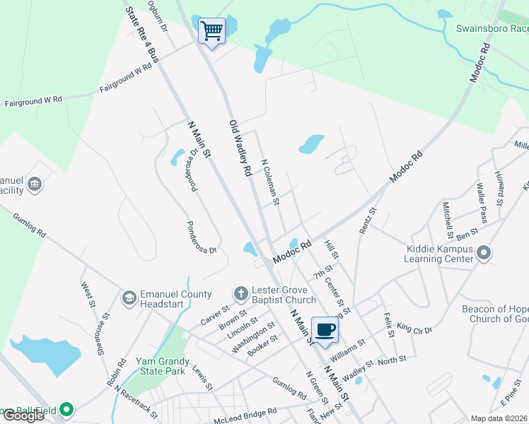 map of restaurants, bars, coffee shops, grocery stores, and more near 202 Grady Street in Swainsboro