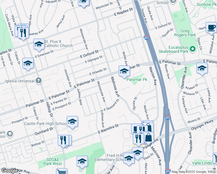 map of restaurants, bars, coffee shops, grocery stores, and more near 1321 Myra Court in Chula Vista