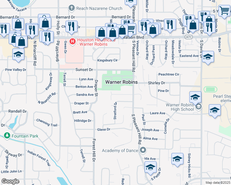 map of restaurants, bars, coffee shops, grocery stores, and more near 127 Pleasant Hill Court in Warner Robins