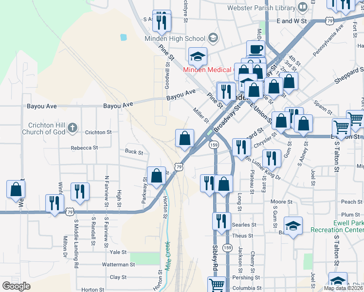 map of restaurants, bars, coffee shops, grocery stores, and more near 129 Main Street in Minden