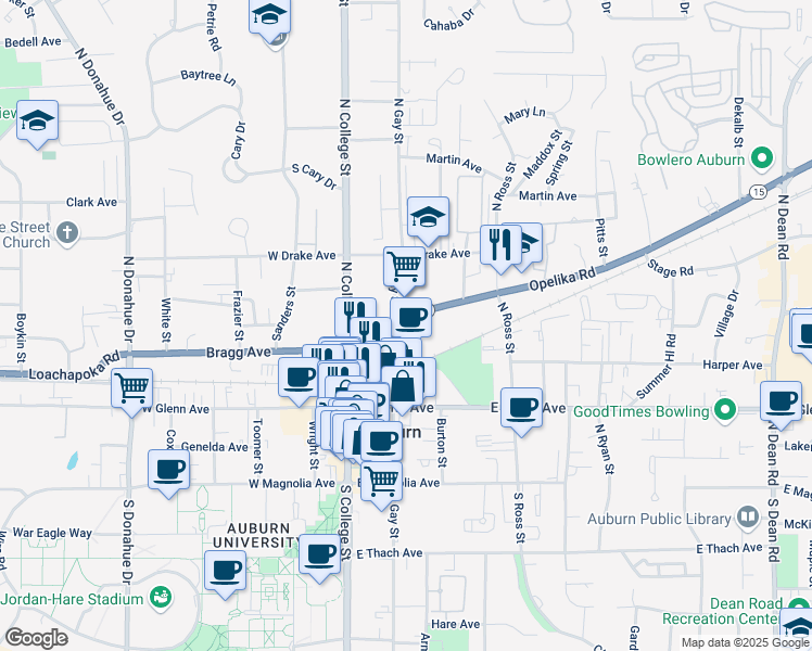 map of restaurants, bars, coffee shops, grocery stores, and more near 366 North Gay Street in Auburn