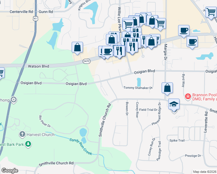 map of restaurants, bars, coffee shops, grocery stores, and more near 118 Georgetown Boulevard in Warner Robins