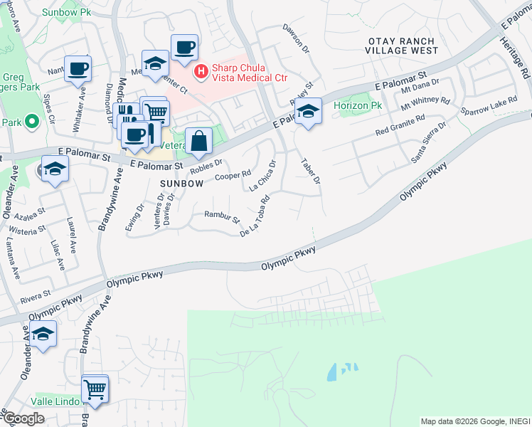 map of restaurants, bars, coffee shops, grocery stores, and more near 784 De La Toba Road in Chula Vista