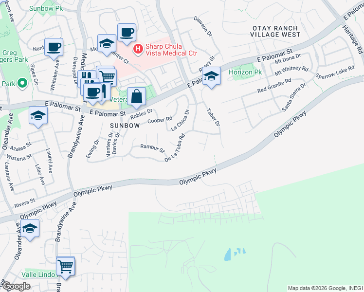 map of restaurants, bars, coffee shops, grocery stores, and more near 784 De La Toba Road in Chula Vista