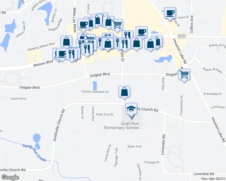 map of restaurants, bars, coffee shops, grocery stores, and more near 106 Tommy Stalnaker Drive in Warner Robins