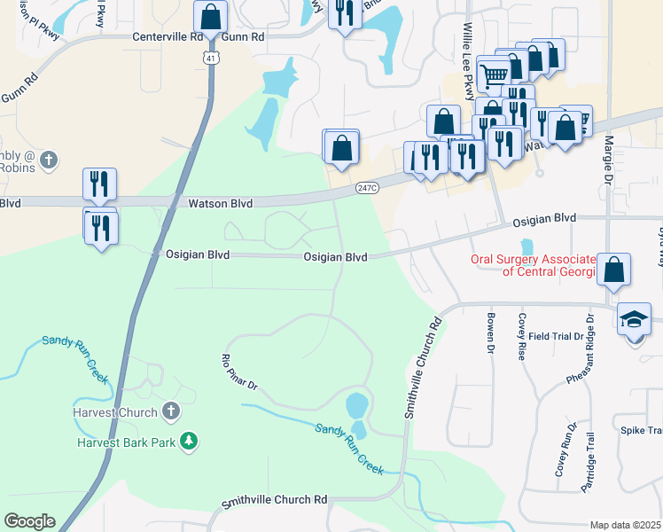 map of restaurants, bars, coffee shops, grocery stores, and more near 701 Osigian Boulevard in Warner Robins