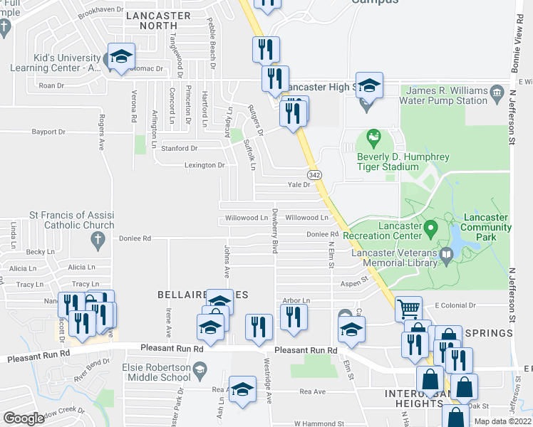 map of restaurants, bars, coffee shops, grocery stores, and more near 707 Willowood Lane in Lancaster