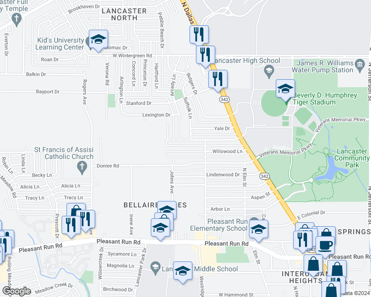 map of restaurants, bars, coffee shops, grocery stores, and more near 727 Willowood Lane in Lancaster