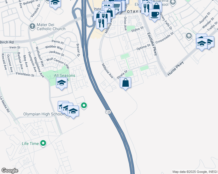 map of restaurants, bars, coffee shops, grocery stores, and more near 1902 Millenia Avenue in Chula Vista
