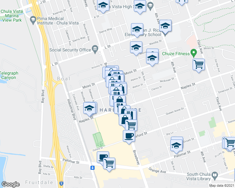 map of restaurants, bars, coffee shops, grocery stores, and more near 1055 Madison Avenue in Chula Vista