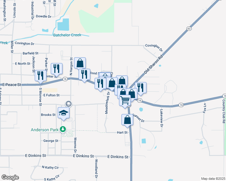 map of restaurants, bars, coffee shops, grocery stores, and more near 1104 East Peace Street in Canton