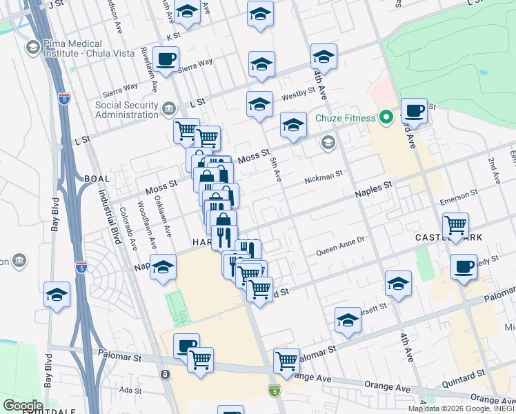 map of restaurants, bars, coffee shops, grocery stores, and more near 1065 Granjas Road in Chula Vista