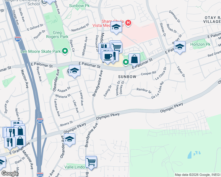 map of restaurants, bars, coffee shops, grocery stores, and more near 1459 Ewing Drive in Chula Vista