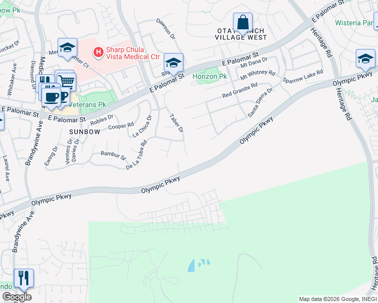 map of restaurants, bars, coffee shops, grocery stores, and more near 1519 Taber Drive in Chula Vista