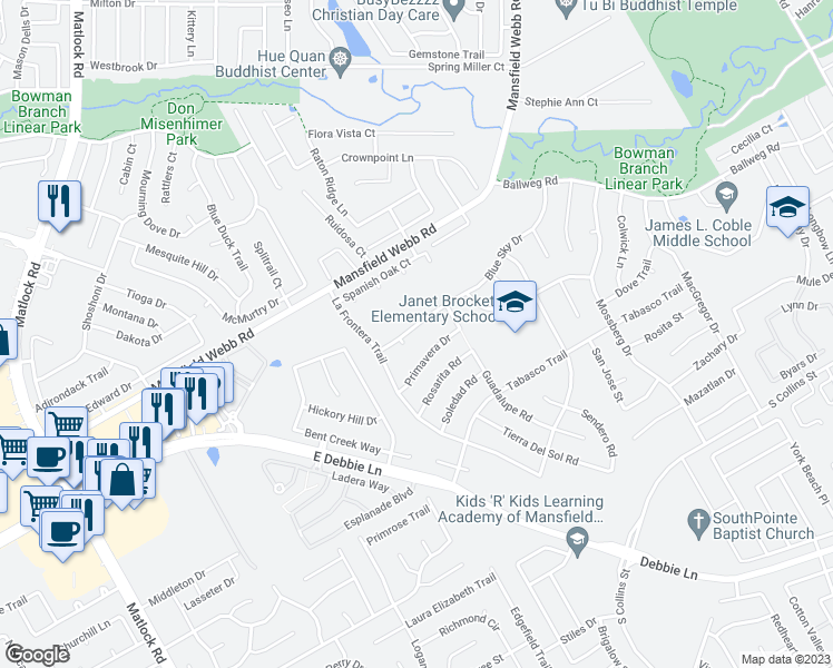 map of restaurants, bars, coffee shops, grocery stores, and more near 616 Blue Sky Drive in Arlington