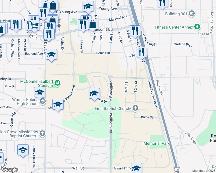 map of restaurants, bars, coffee shops, grocery stores, and more near 127 Sinton Place in Warner Robins