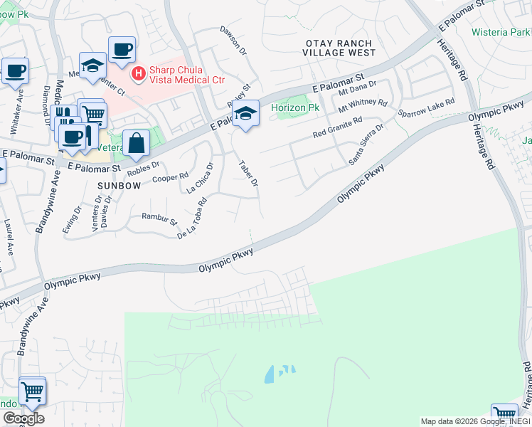 map of restaurants, bars, coffee shops, grocery stores, and more near 1519 Taber Drive in Chula Vista