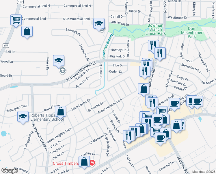 map of restaurants, bars, coffee shops, grocery stores, and more near 1015 Manchester Drive in Mansfield
