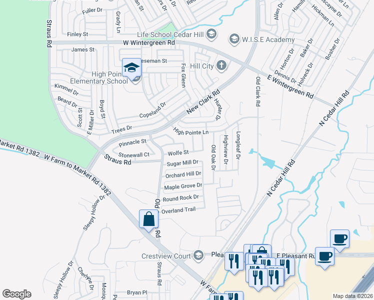 map of restaurants, bars, coffee shops, grocery stores, and more near 302 Sierra Way in Cedar Hill