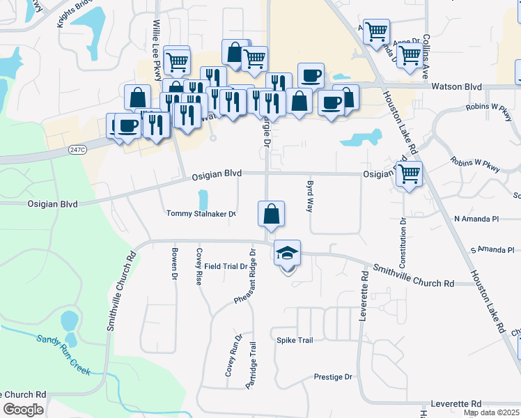 map of restaurants, bars, coffee shops, grocery stores, and more near 337 Margie Drive in Warner Robins