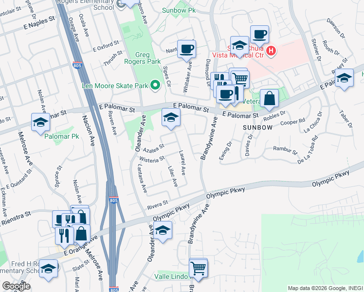 map of restaurants, bars, coffee shops, grocery stores, and more near 1407 Laurel Avenue in Chula Vista
