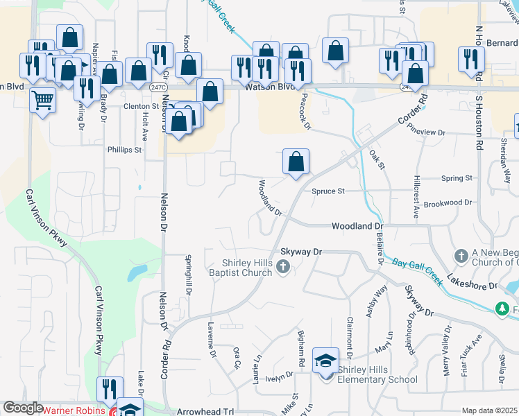 map of restaurants, bars, coffee shops, grocery stores, and more near 105 Mill Chase Way in Warner Robins