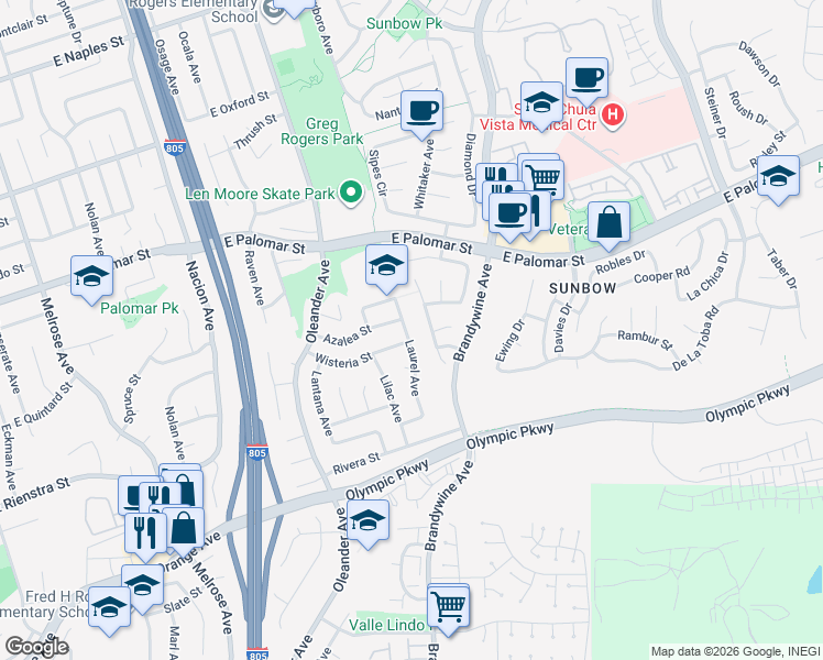 map of restaurants, bars, coffee shops, grocery stores, and more near 1407 Laurel Avenue in Chula Vista