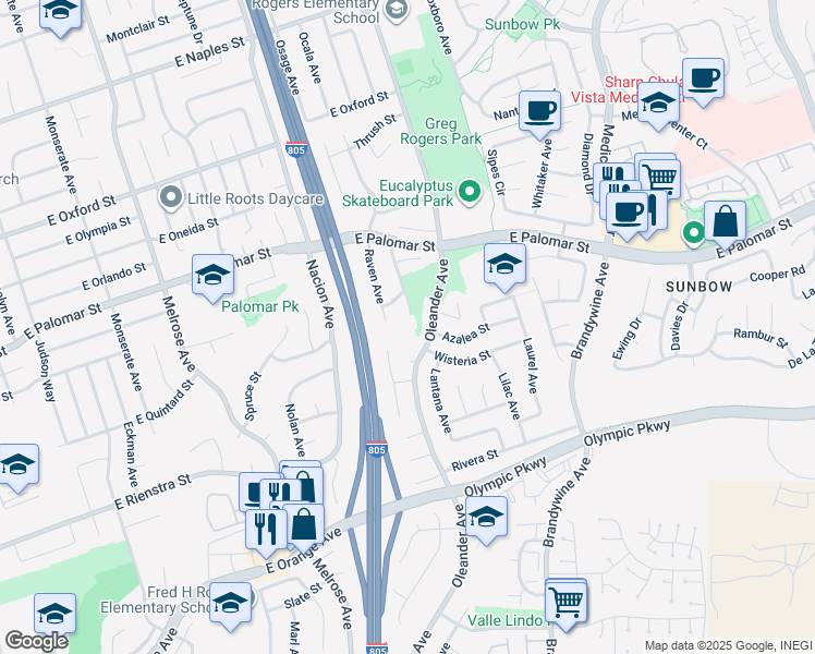 map of restaurants, bars, coffee shops, grocery stores, and more near 1404 Oleander Avenue in Chula Vista