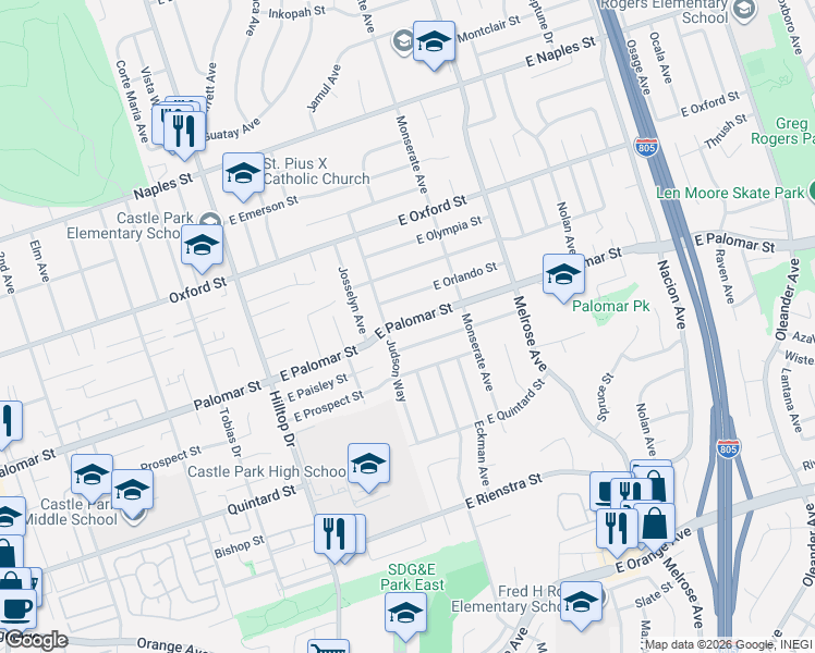 map of restaurants, bars, coffee shops, grocery stores, and more near 1312 Judson Way in Chula Vista