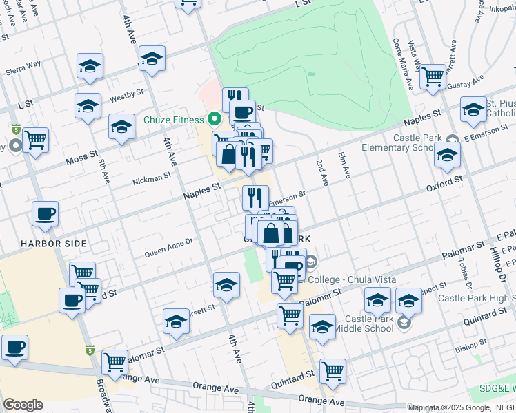 map of restaurants, bars, coffee shops, grocery stores, and more near 1162 3rd Avenue in Chula Vista