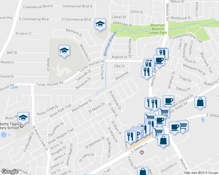 map of restaurants, bars, coffee shops, grocery stores, and more near 1015 Manchester Drive in Mansfield