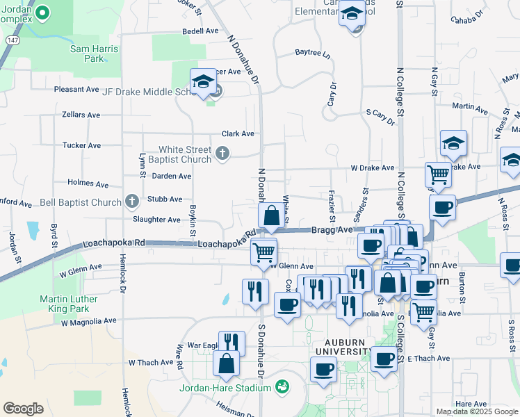 map of restaurants, bars, coffee shops, grocery stores, and more near 353 North Donahue Drive in Auburn