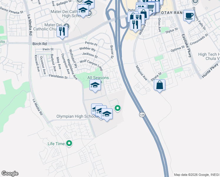map of restaurants, bars, coffee shops, grocery stores, and more near 1828 Peabody Way in Chula Vista