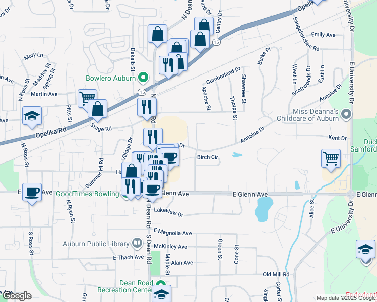 map of restaurants, bars, coffee shops, grocery stores, and more near 922 Annalue Drive in Auburn