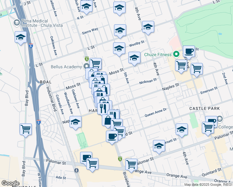 map of restaurants, bars, coffee shops, grocery stores, and more near 1055 Granjas Road in Chula Vista