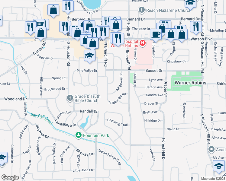 map of restaurants, bars, coffee shops, grocery stores, and more near 228 Kingsway Drive in Warner Robins