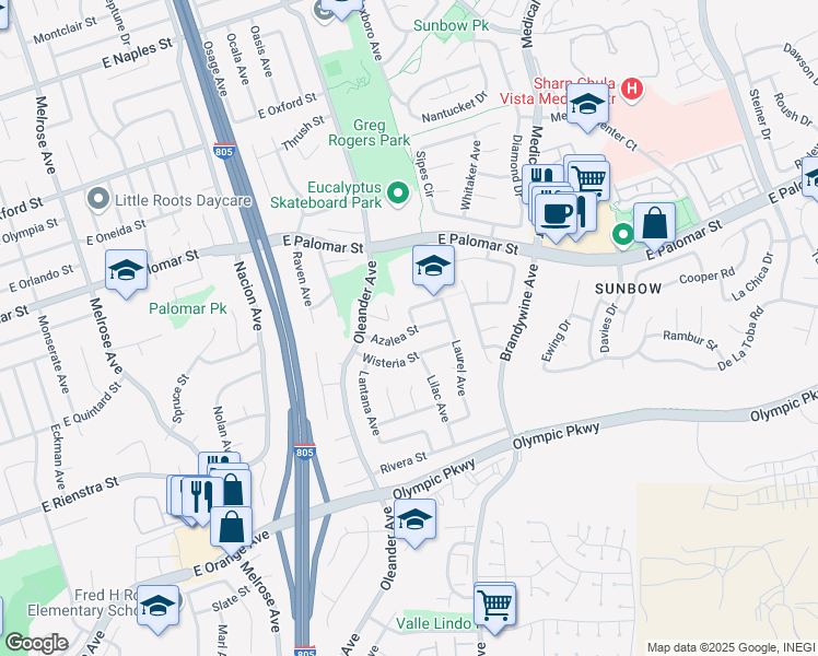 map of restaurants, bars, coffee shops, grocery stores, and more near 1398 Lilac Avenue in Chula Vista